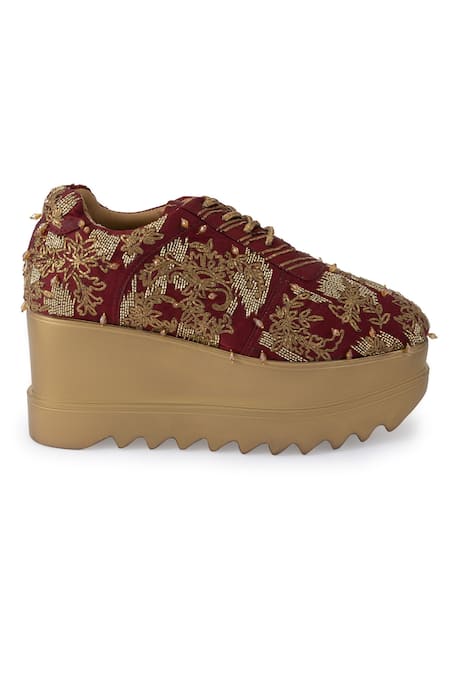 Shop_Anaar_Maroon Autumn Song Embellished Sneaker Wedges _Online_at_Aza_Fashions