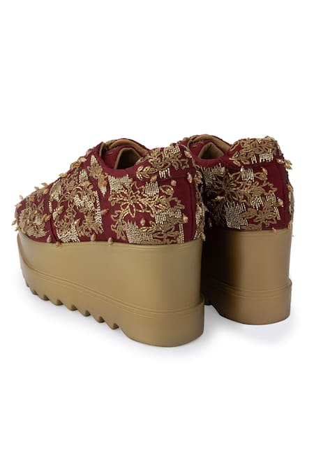 Anaar_Maroon Autumn Song Embellished Sneaker Wedges _at_Aza_Fashions