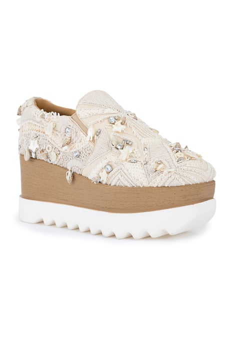 Buy Anaar Beige Paradise Signature Embroidered Sneaker Wedges Online at Aza Fashions Buy_Anaar_Beige Paradise Signature Embroidered Sneaker Wedges _Online_at_Aza_Fashions