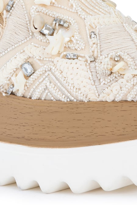 Buy Anaar Beige Paradise Signature Embroidered Sneaker Wedges Buy_Anaar_Beige Paradise Signature Embroidered Sneaker Wedges