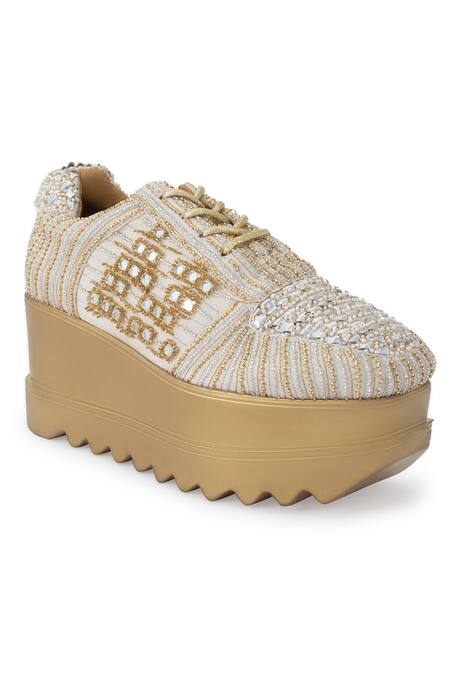 Buy_Anaar_Gold A Toast To You Embroidered Sneaker Wedges _Online_at_Aza_Fashions