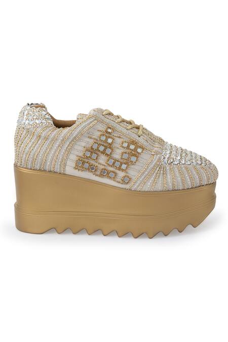 Shop_Anaar_Gold A Toast To You Embroidered Sneaker Wedges _Online_at_Aza_Fashions