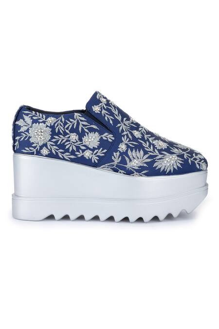 Shop Anaar Blue Celestial Embroidered Sneaker Wedges Shop_Anaar_Blue Celestial Embroidered Sneaker Wedges