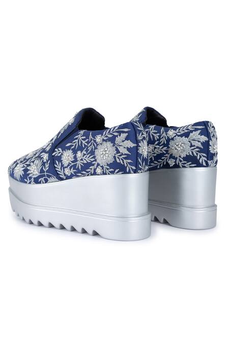 Buy Anaar Blue Celestial Embroidered Sneaker Wedges Buy_Anaar_Blue Celestial Embroidered Sneaker Wedges