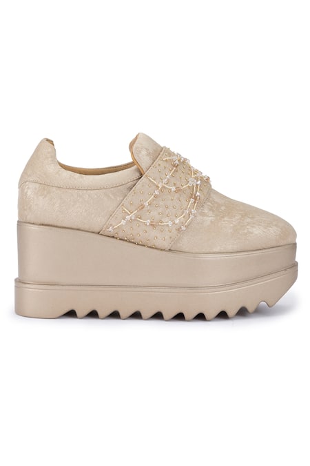 Shop Anaar Gold Marilyn Embroidered Sneaker Wedges Online at Aza Fashions Shop_Anaar_Gold Marilyn Embroidered Sneaker Wedges _Online_at_Aza_Fashions