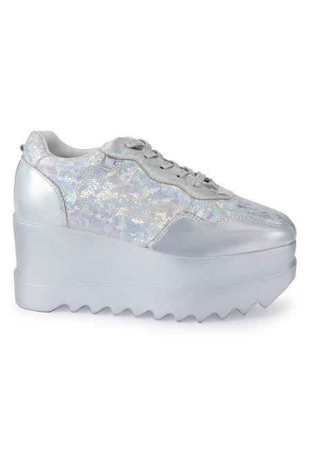 Shop Anaar Silver Disco 22 Signature Geometric Pattern Sneaker Wedges Online at Aza Fashions Shop_Anaar_Silver Disco 22 Signature Geometric Pattern Sneaker Wedges _Online_at_Aza_Fashions