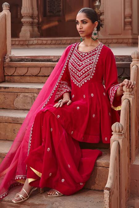 Ajiesh Oberoi_Pink Velvet, Organza Embroidery Round Neck Kalidar Kurta Gharara Set _Online_at_Aza_Fashions