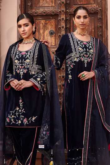 Ajiesh Oberoi_Blue Velvet, Organza Beads, Embroidery Round Neck Kurta Pant Set _Online_at_Aza_Fashions