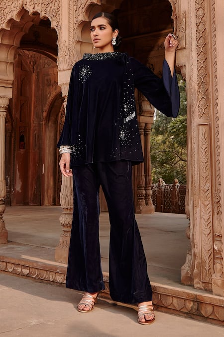 Ajiesh Oberoi_Blue Velvet Embroidery Bandeau Neck Top And Flared Pant Set _Online_at_Aza_Fashions