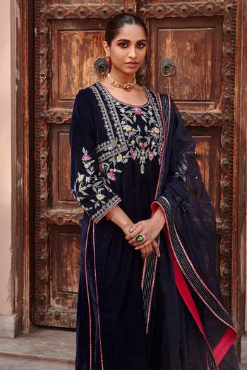 Shop_Ajiesh Oberoi_Blue Velvet, Organza Beads, Embroidery Round Neck Kurta Pant Set _Online_at_Aza_Fashions