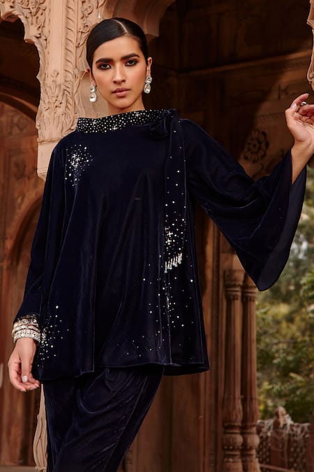 Shop_Ajiesh Oberoi_Blue Velvet Embroidery Bandeau Neck Top And Flared Pant Set _Online_at_Aza_Fashions