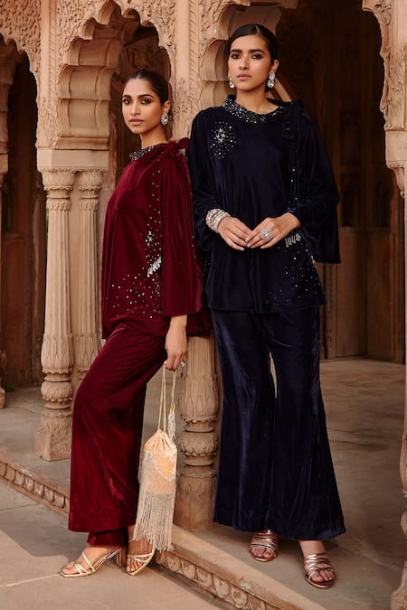 Ajiesh Oberoi_Wine Velvet Embroidery Bandeau Neck Top And Flared Pant Set _Online_at_Aza_Fashions