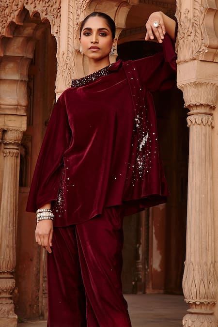 Buy_Ajiesh Oberoi_Wine Velvet Embroidery Bandeau Neck Top And Flared Pant Set _Online_at_Aza_Fashions