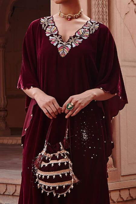 Ajiesh Oberoi Wine Velvet Embroidery Keyhole Neck Scattered Work Kaftan And Pant Set Online at Aza Fashions Ajiesh Oberoi_Wine Velvet Embroidery Keyhole Neck Scattered Work Kaftan And Pant Set _Online_at_Aza_Fashions