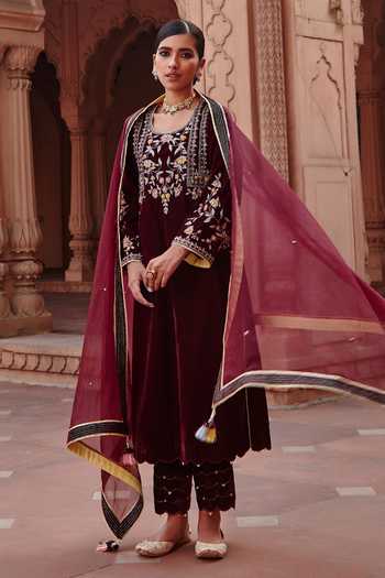 Ajiesh Oberoi_Wine Velvet, Organza Beads, Embroidery, Cut Work, Tassels Round Kurta Pant Set _Online_at_Aza_Fashions