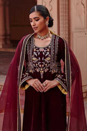 Buy_Ajiesh Oberoi_Wine Velvet, Organza Beads, Embroidery, Cut Work, Tassels Round Kurta Pant Set _Online_at_Aza_Fashions