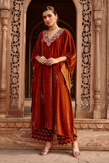 Buy Ajiesh Oberoi Gold Velvet Embroidery Asymmetric Kaftan And Pant Set Online at Aza Fashions Buy_Ajiesh Oberoi_Gold Velvet Embroidery Asymmetric Kaftan And Pant Set _Online_at_Aza_Fashions