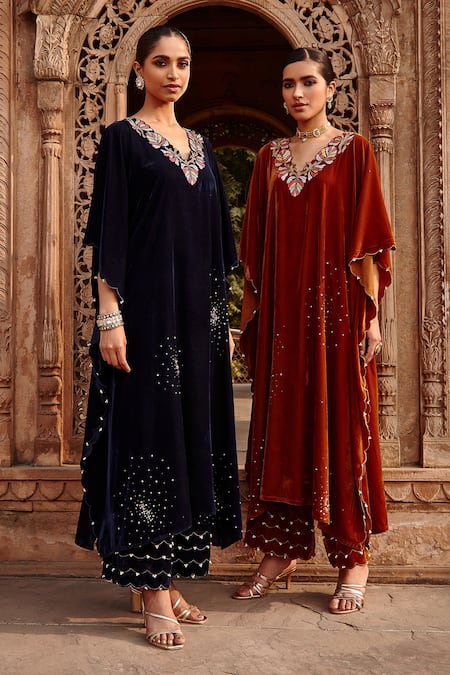 Ajiesh Oberoi Blue Velvet Embroidery Kaftan And Pant Set Online at Aza Fashions Ajiesh Oberoi_Blue Velvet Embroidery Kaftan And Pant Set _Online_at_Aza_Fashions