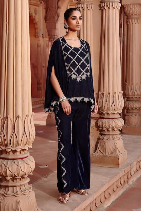 Ajiesh Oberoi Blue Velvet Embroidery Cape And Flared Pant Set Online at Aza Fashions Ajiesh Oberoi_Blue Velvet Embroidery Cape And Flared Pant Set _Online_at_Aza_Fashions