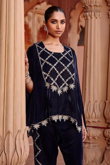Buy Ajiesh Oberoi Blue Velvet Embroidery Cape And Flared Pant Set Online at Aza Fashions Buy_Ajiesh Oberoi_Blue Velvet Embroidery Cape And Flared Pant Set _Online_at_Aza_Fashions