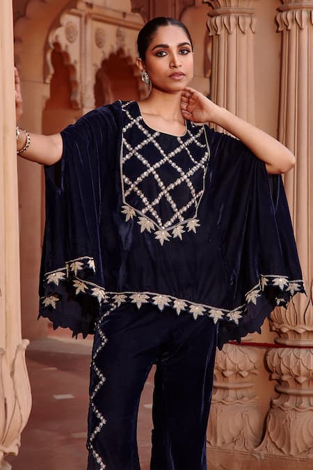 Shop Ajiesh Oberoi Blue Velvet Embroidery Cape And Flared Pant Set Online at Aza Fashions Shop_Ajiesh Oberoi_Blue Velvet Embroidery Cape And Flared Pant Set _Online_at_Aza_Fashions