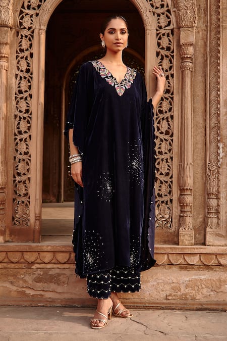 Buy Ajiesh Oberoi Blue Velvet Embroidery Kaftan And Pant Set Online at Aza Fashions Buy_Ajiesh Oberoi_Blue Velvet Embroidery Kaftan And Pant Set _Online_at_Aza_Fashions