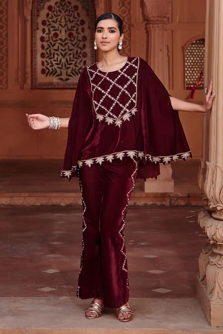 Ajiesh Oberoi Wine Velvet Embroidery Aari Work Cape And Flared Pant Set Online at Aza Fashions Ajiesh Oberoi_Wine Velvet Embroidery Aari Work Cape And Flared Pant Set _Online_at_Aza_Fashions