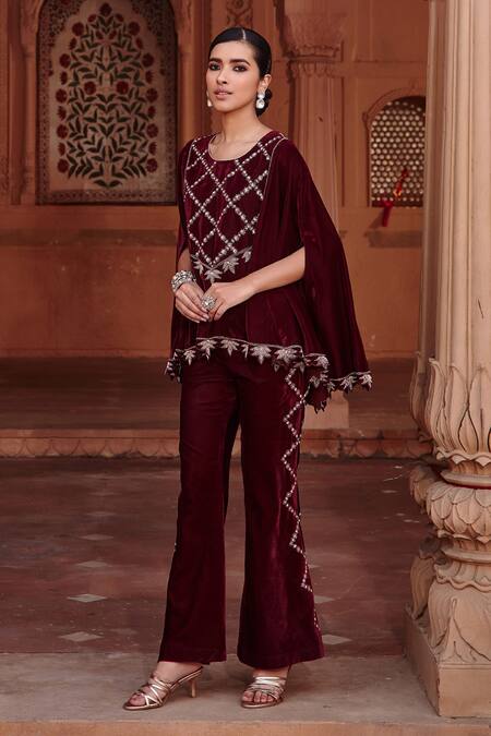 Buy Ajiesh Oberoi Wine Velvet Embroidery Aari Work Cape And Flared Pant Set Online at Aza Fashions Buy_Ajiesh Oberoi_Wine Velvet Embroidery Aari Work Cape And Flared Pant Set _Online_at_Aza_Fashions
