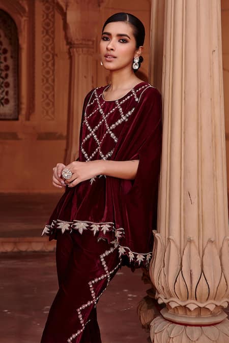 Shop Ajiesh Oberoi Wine Velvet Embroidery Aari Work Cape And Flared Pant Set Online at Aza Fashions Shop_Ajiesh Oberoi_Wine Velvet Embroidery Aari Work Cape And Flared Pant Set _Online_at_Aza_Fashions