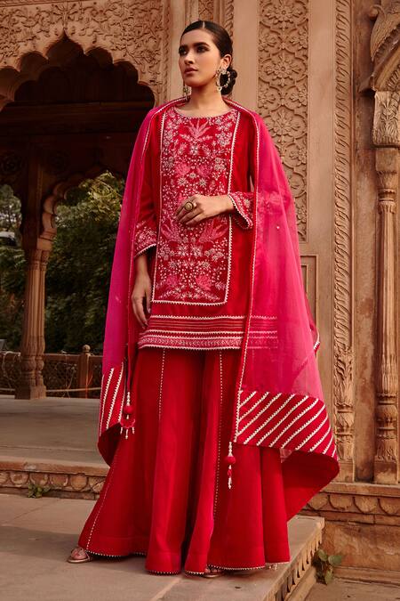 Ajiesh Oberoi Pink Velvet, Organza Sequins, Beads, Embroidery Round Short Kurta Gharara Set Online at Aza Fashions Ajiesh Oberoi_Pink Velvet, Organza Sequins, Beads, Embroidery Round Short Kurta Gharara Set _Online_at_Aza_Fashions