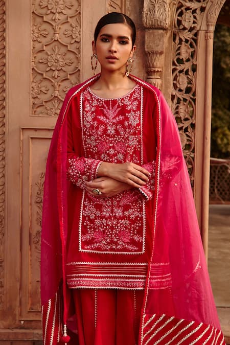 Buy Ajiesh Oberoi Pink Velvet, Organza Sequins, Beads, Embroidery Round Short Kurta Gharara Set Online at Aza Fashions Buy_Ajiesh Oberoi_Pink Velvet, Organza Sequins, Beads, Embroidery Round Short Kurta Gharara Set _Online_at_Aza_Fashions
