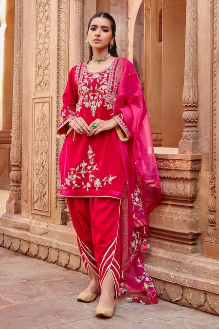 Shop_Ajiesh Oberoi_Pink Velvet, Organza Embroidery, Beads, Diamonds Round Neck Short Kurta Set _Online_at_Aza_Fashions