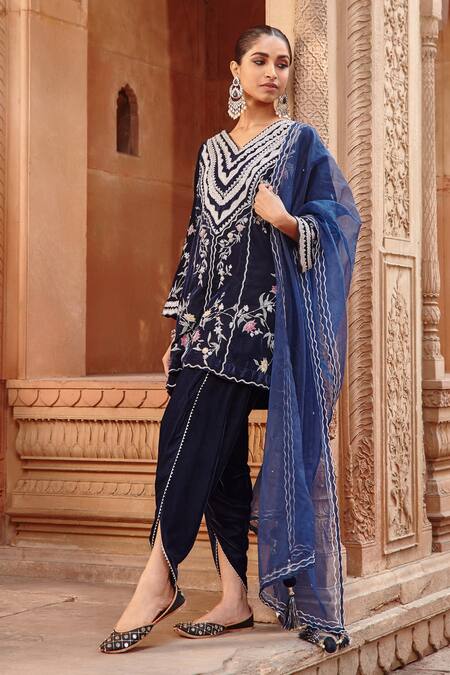 Ajiesh Oberoi_Blue Velvet, Organza Diamonds, Tassels V-neck V Kurta Dhoti Pant Set _Online_at_Aza_Fashions