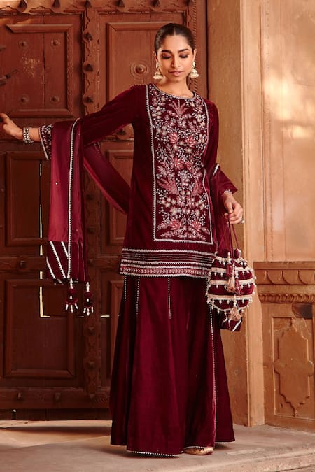 Buy_Ajiesh Oberoi_Wine Velvet, Organza Sequins, Beads Round Neck Short Kurta Gharara Set _Online_at_Aza_Fashions
