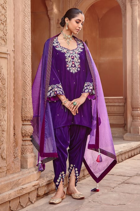 Ajiesh Oberoi_Purple Velvet Embroidered Floral Cutwork Kurta Dhoti Pant Set _Online_at_Aza_Fashions
