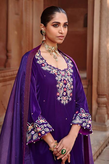 Buy_Ajiesh Oberoi_Purple Velvet Embroidered Floral Cutwork Kurta Dhoti Pant Set _Online_at_Aza_Fashions