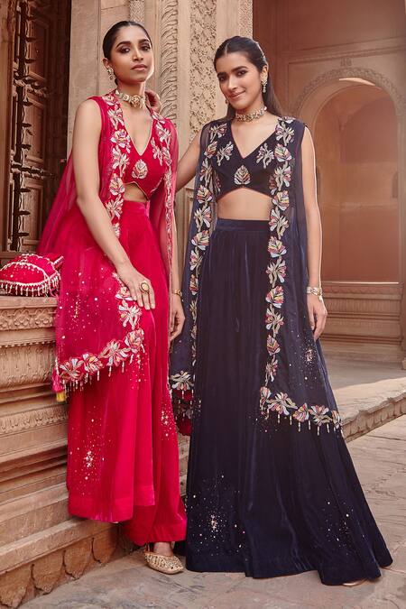 Ajiesh Oberoi_Blue Velvet, Organza Sequins, Beads, Embroidery V-neck Hand Cape And Sharara Set _Online_at_Aza_Fashions