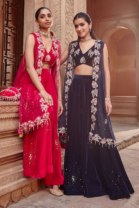 Ajiesh Oberoi_Pink Velvet, Organza Sequins, Beads V-neck Embroidered Cape And Sharara Set _Online_at_Aza_Fashions