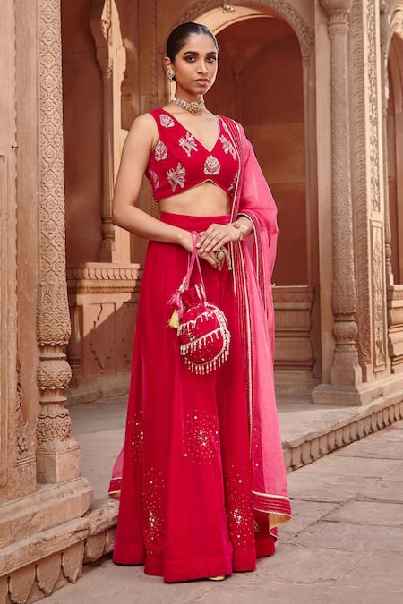 Ajiesh Oberoi_Pink Velvet, Organza Sequins, Beads V-neck Embroidered Cape And Sharara Set _at_Aza_Fashions