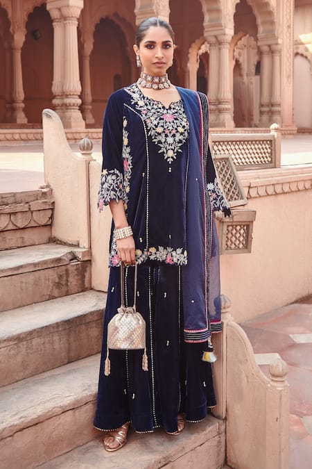 Buy Ajiesh Oberoi Blue Organza, Cotton, Silk Embroidery, Gota Patti, Dori Work Kurta Gharara Set Online at Aza Fashions Buy_Ajiesh Oberoi_Blue Organza, Cotton, Silk Embroidery, Gota Patti, Dori Work Kurta Gharara Set _Online_at_Aza_Fashions
