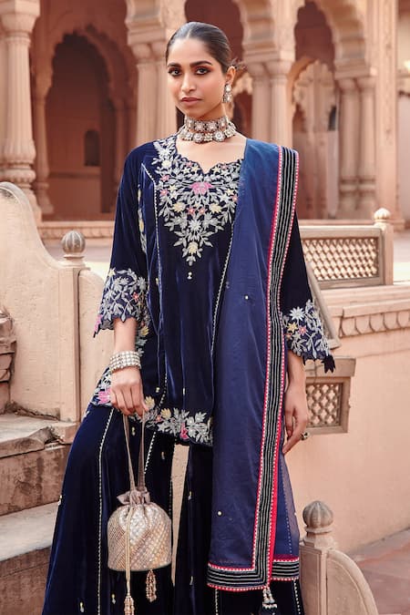 Shop Ajiesh Oberoi Blue Organza, Cotton, Silk Embroidery, Gota Patti, Dori Work Kurta Gharara Set Online at Aza Fashions Shop_Ajiesh Oberoi_Blue Organza, Cotton, Silk Embroidery, Gota Patti, Dori Work Kurta Gharara Set _Online_at_Aza_Fashions