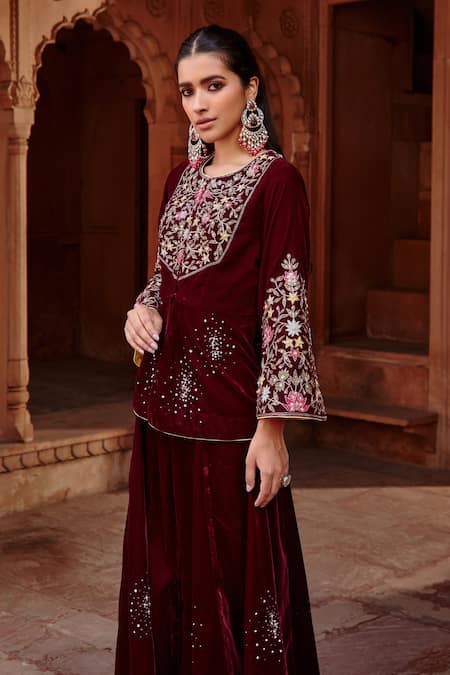 Ajiesh Oberoi_Wine Velvet Sequins, Beads Round Neck Embroidered Jacket And Sharara Set _Online_at_Aza_Fashions