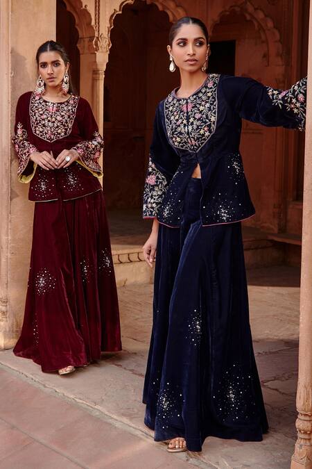 Shop_Ajiesh Oberoi_Wine Velvet Sequins, Beads Round Neck Embroidered Jacket And Sharara Set _Online_at_Aza_Fashions