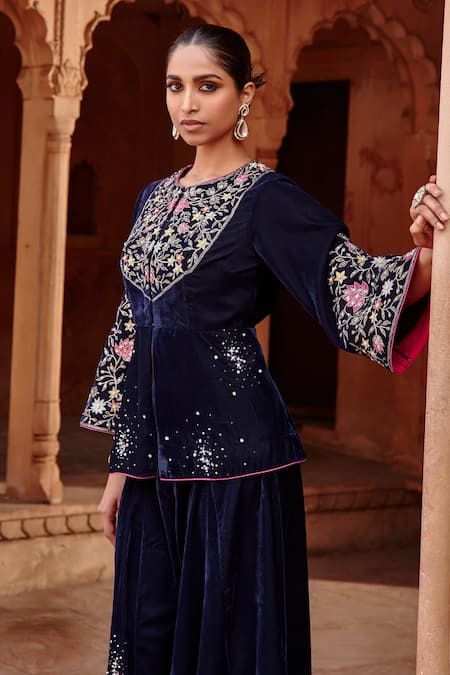 Shop Ajiesh Oberoi Blue Velvet Sequins, Beads Round Neck Embroidered Jacket And Sharara Set Online at Aza Fashions Shop_Ajiesh Oberoi_Blue Velvet Sequins, Beads Round Neck Embroidered Jacket And Sharara Set _Online_at_Aza_Fashions