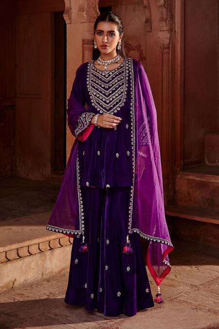 Ajiesh Oberoi_Purple Velvet Embroidered Dori Round Kurta Gharara Set _Online_at_Aza_Fashions