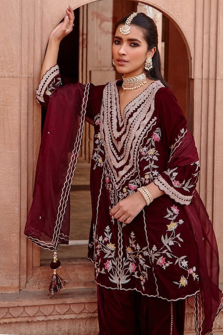 Ajiesh Oberoi_Wine Organza, Velvet Tassels V-neck Embroidered Kurta Dhoti Pant Set _Online_at_Aza_Fashions