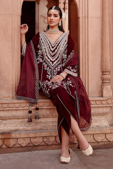 Buy_Ajiesh Oberoi_Wine Organza, Velvet Tassels V-neck Embroidered Kurta Dhoti Pant Set _Online_at_Aza_Fashions