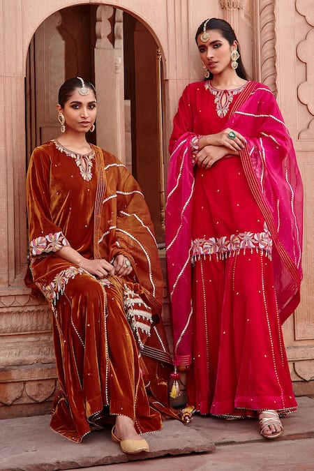 Shop_Ajiesh Oberoi_Gold Velvet, Organza Beads, Embroidery Keyhole Neck Kurta Gharara Set _Online_at_Aza_Fashions