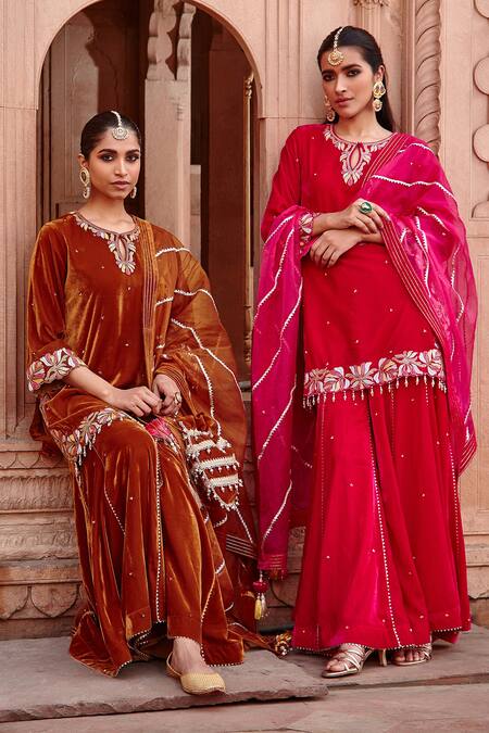 Buy Ajiesh Oberoi Pink Velvet, Organza Embroidery, Beads Keyhole Neck Kurta Gharara Set Online at Aza Fashions Buy_Ajiesh Oberoi_Pink Velvet, Organza Embroidery, Beads Keyhole Neck Kurta Gharara Set _Online_at_Aza_Fashions