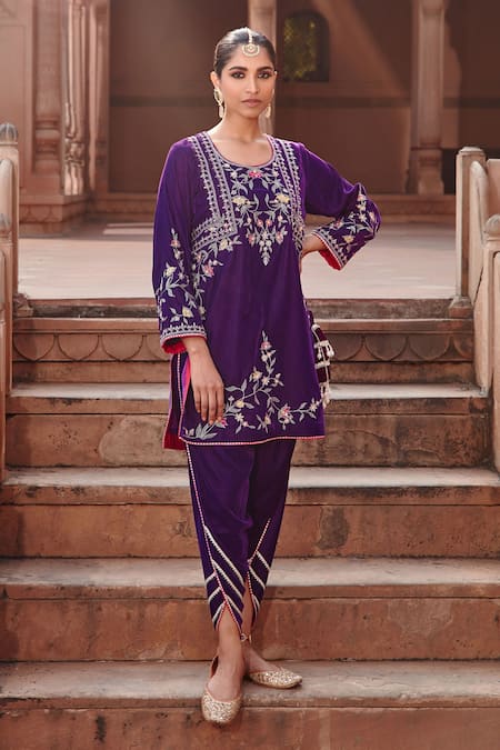 Buy_Ajiesh Oberoi_Purple Organza, Velvet Diamonds, Embroidery Round Neck Dori Short Kurta Set _Online_at_Aza_Fashions